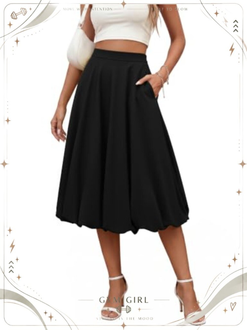 Women's Bubble Midi Skirt with Pockets A-Line High Waisted Polyester